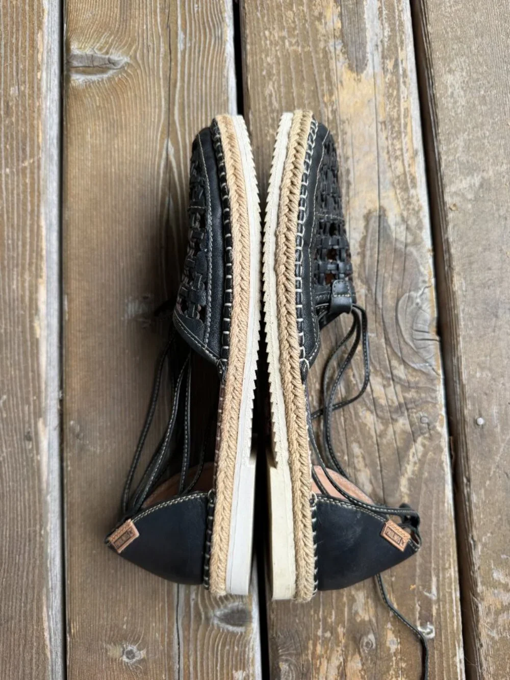 Pikolinos Cadamunt Black Woven Leather Espadrille Wrapped Flat Sandals - EU42/11